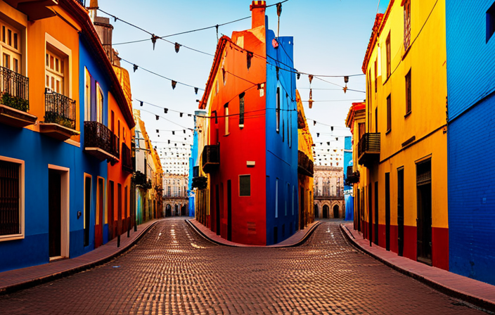 a vibrant street in Río De La Plata, adorned with a kaleidoscope of colors: buildings painted in hues of cobalt blue, sunny yellow, and fiery red, lining a boulevard bustling with high-end shops and boutiques, while ancient architecture whispers tales of the city's rich history