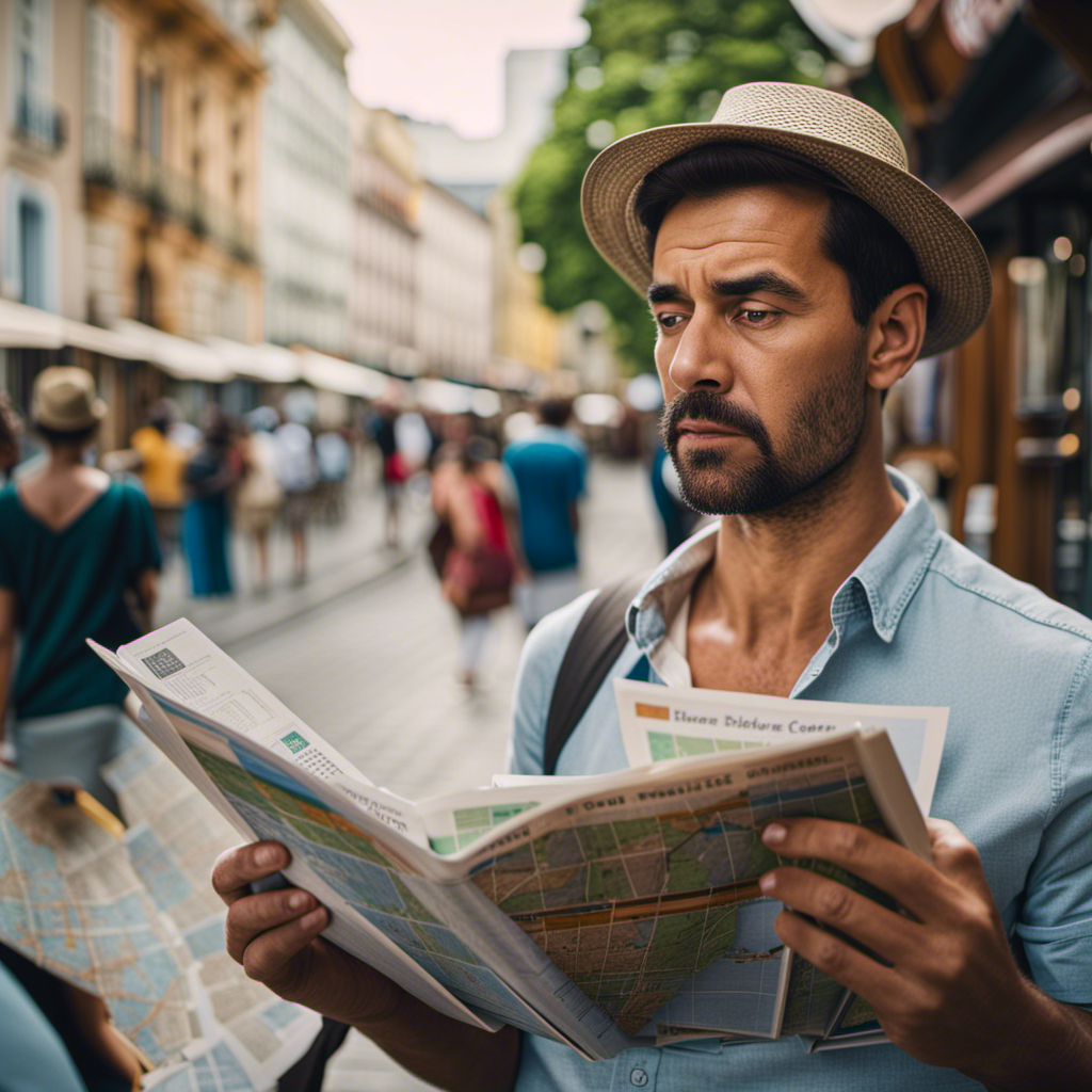 An image showcasing a bewildered traveler surrounded by brochures and maps, struggling to plan and book shore excursions