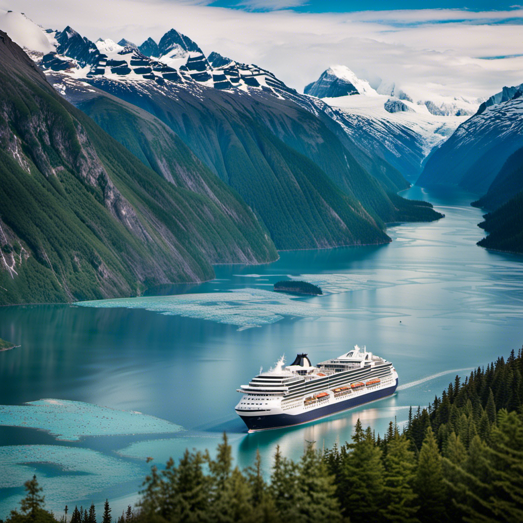 An image showcasing two luxurious cruise ships sailing through the breathtaking Alaskan fjords, surrounded by pristine glaciers and snow-capped mountains