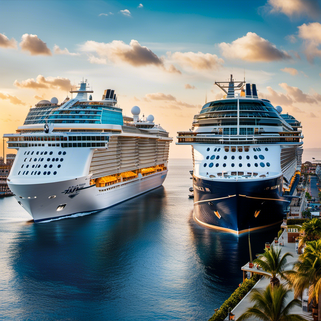 An image depicting two luxurious cruise ships side by side, each adorned with their distinct logos and color schemes