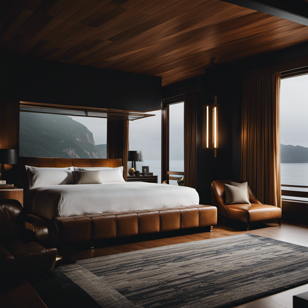 An image capturing contrasting elements: a luxurious suite with expansive views, juxtaposed with a cozy solo cabin in stormy weather