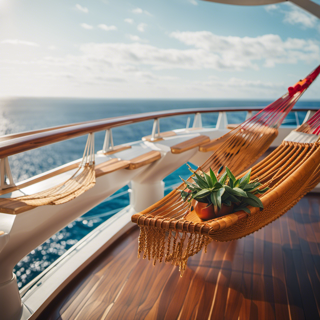 An image showcasing a serene cruise ship deck with a panoramic ocean view, where a contented traveler lounges comfortably in a hammock, sipping ginger-infused tea, with a hint of a smile