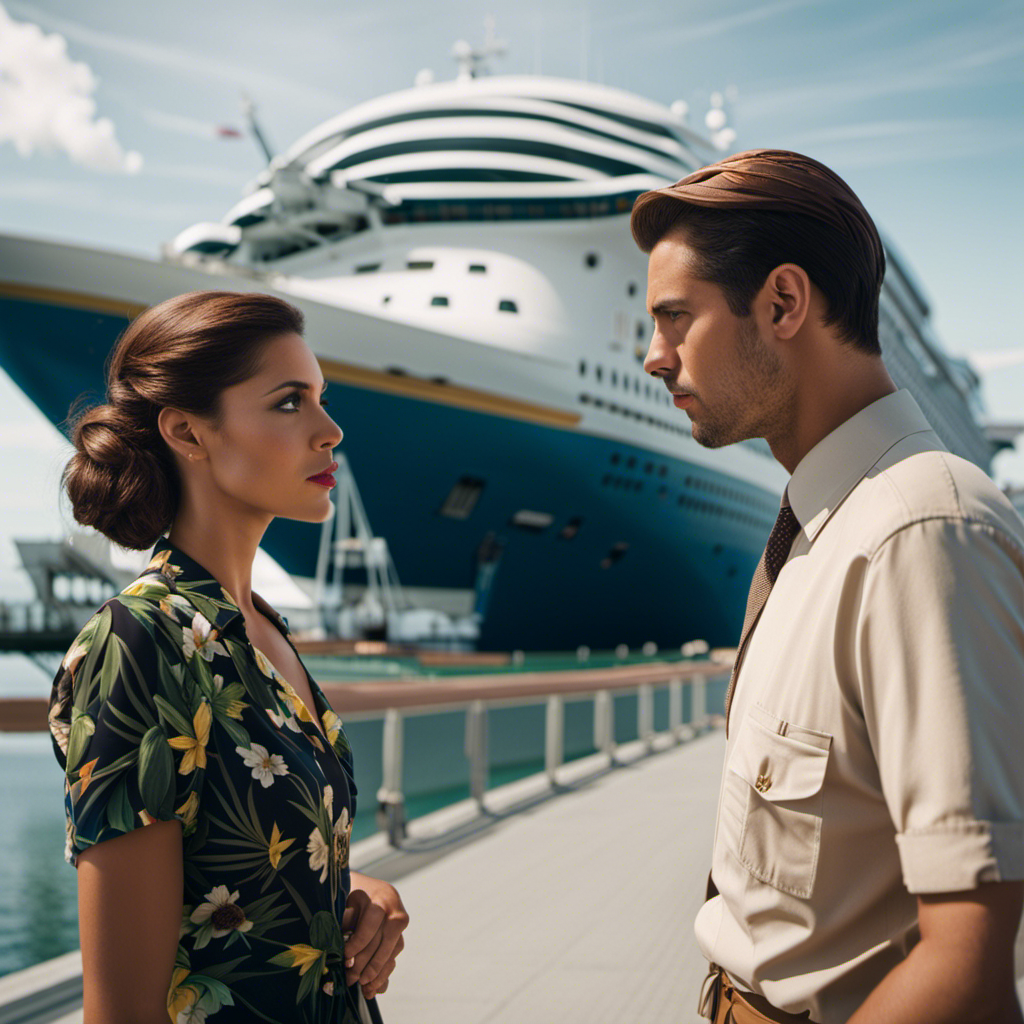 An image showing a disappointed couple in vacation attire standing forlornly at an empty cruise ship dock, with a grounded airplane in the background, symbolizing the consequences of a missed cruise due to flight cancellation