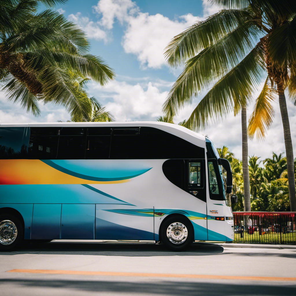 An image showcasing a sleek and modern shuttle bus, adorned with vibrant colors, comfortably transporting travelers from the bustling Miami Airport to the adjacent enchanting Cruise Port