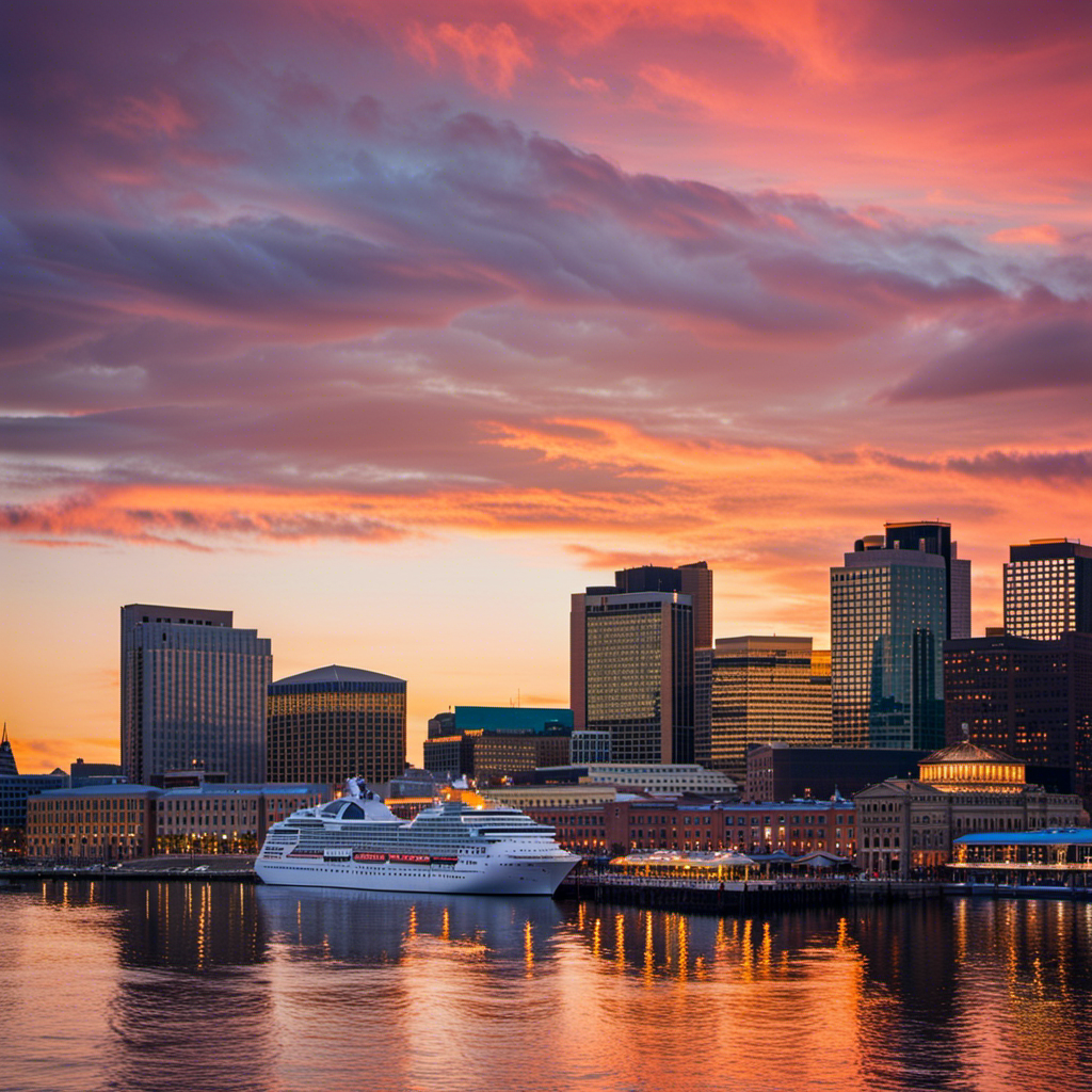 An image showcasing the stunning Baltimore waterfront at sunset, with luxurious cruise hotels lining the harbor