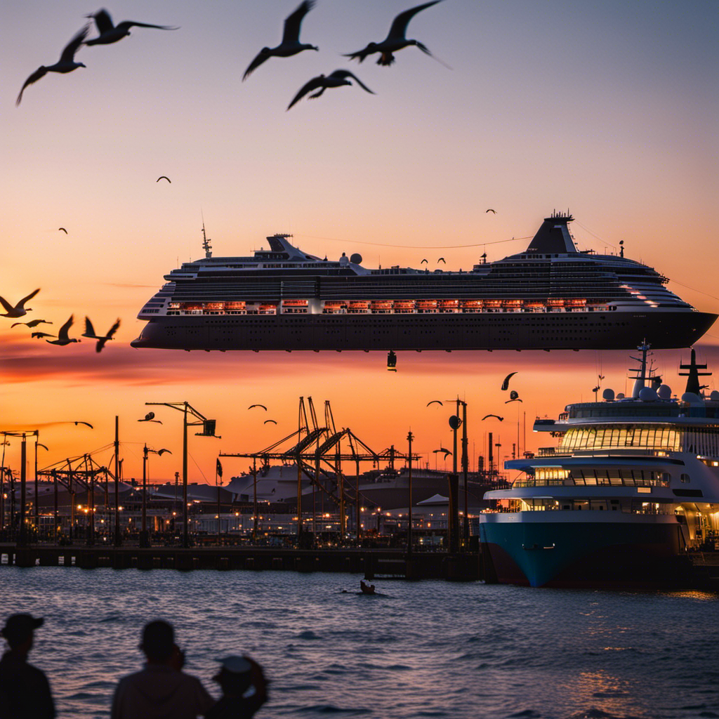 An image showcasing a vibrant Galveston harbor at sunset, with a colossal cruise ship docked, ready to embark