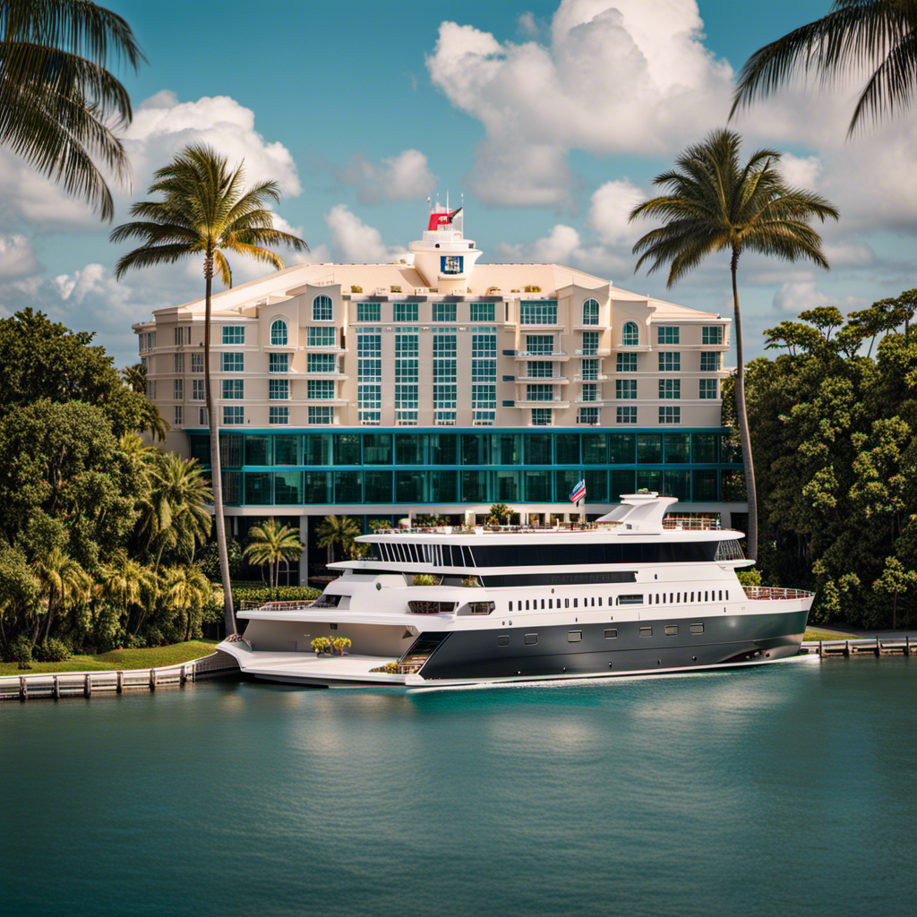 An image showcasing a luxurious hotel nestled near Port Everglades with a sleek cruise shuttle waiting at its doorstep