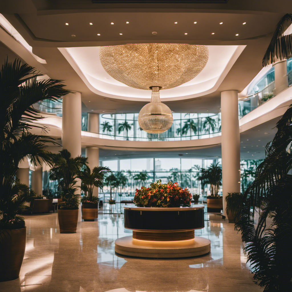 An image showcasing a luxurious Miami hotel with a sleek, modern lobby