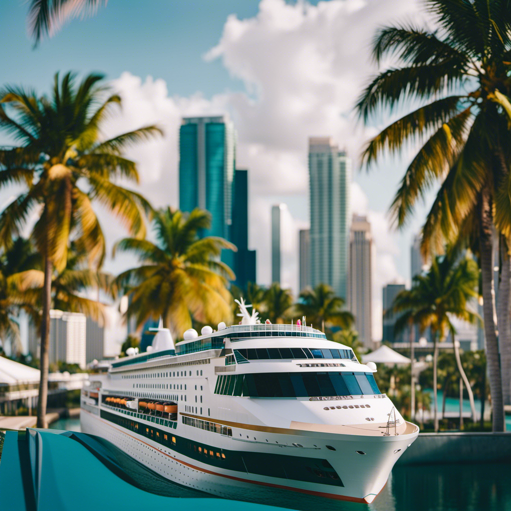 An image showcasing a vibrant Miami skyline with a luxurious hotel nestled amidst palm trees