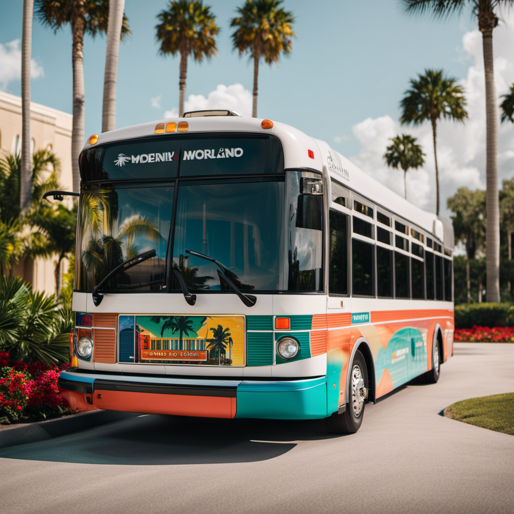 An image of a modern hotel in Orlando surrounded by lush palm trees, with a vibrant shuttle bus parked in front