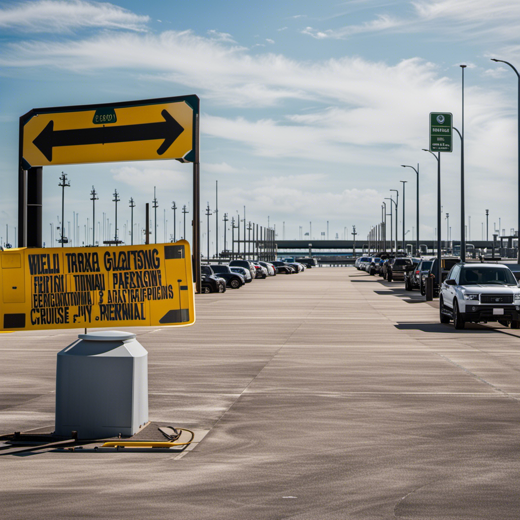 Capture an image showcasing a well-organized and secure parking area at the Port of Galveston, with designated spots for cruise passengers