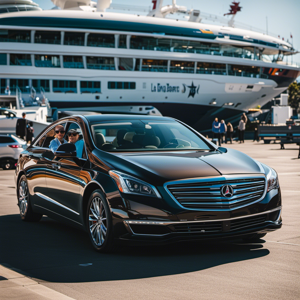 An image showcasing a luxurious, spacious vehicle parked outside the LA & Long Beach cruise ports