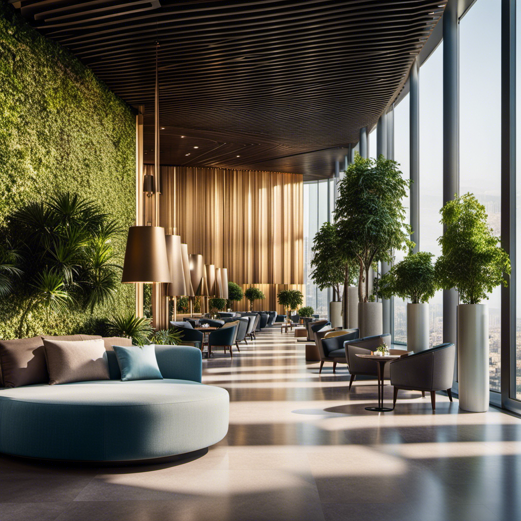 An image showcasing a sleek, modern hotel nestled between Barcelona's picturesque cruise port and vibrant cityscape