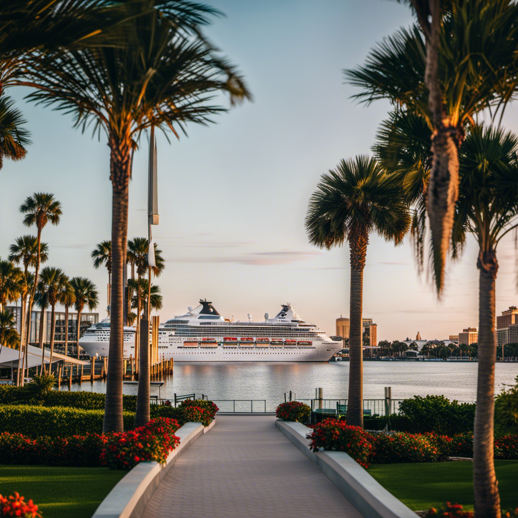 An image showcasing a luxurious Tampa Park and Cruise hotel with a stunning waterfront view, elegant architecture, and a private dock for easy access to the nearby port