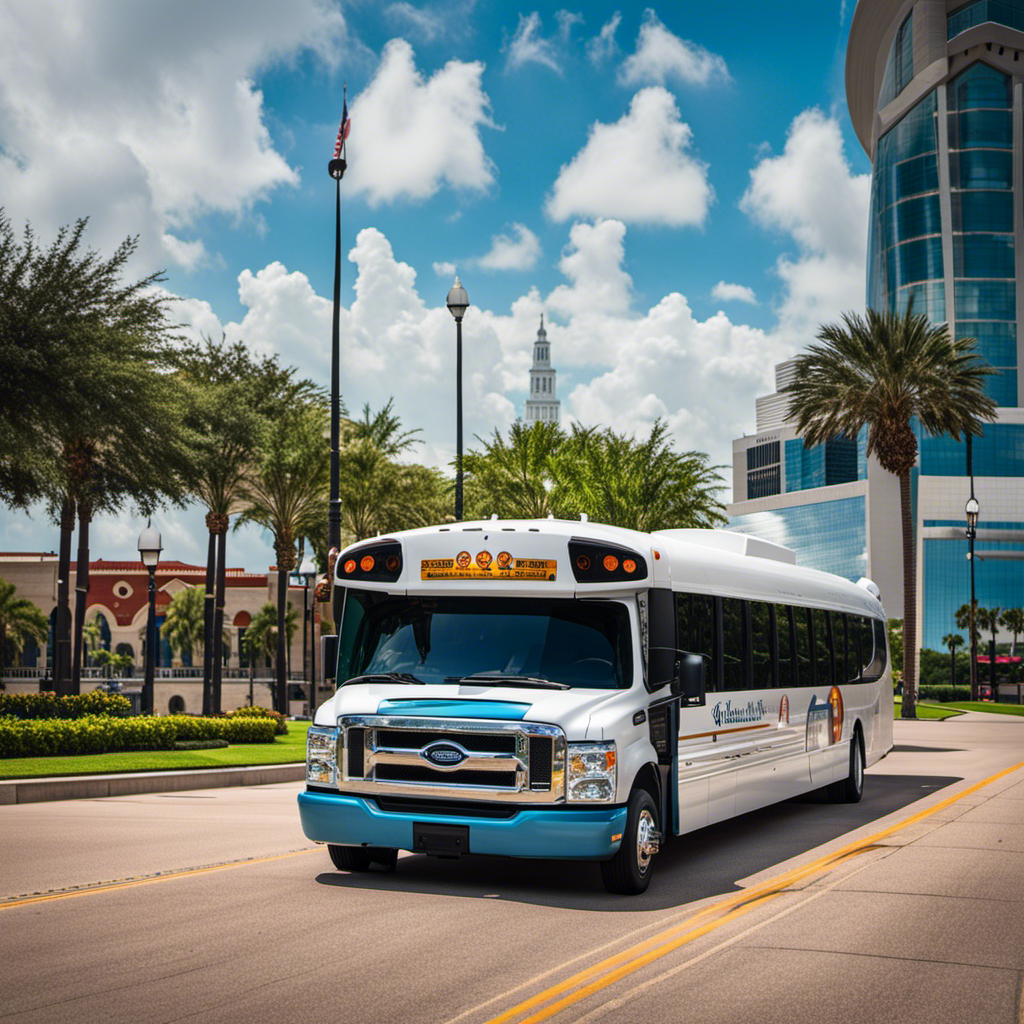 An image showcasing a modern, air-conditioned shuttle bus with spacious seating, traveling on a scenic highway that leads from the vibrant cityscape of Houston to the picturesque Galveston Cruise Port