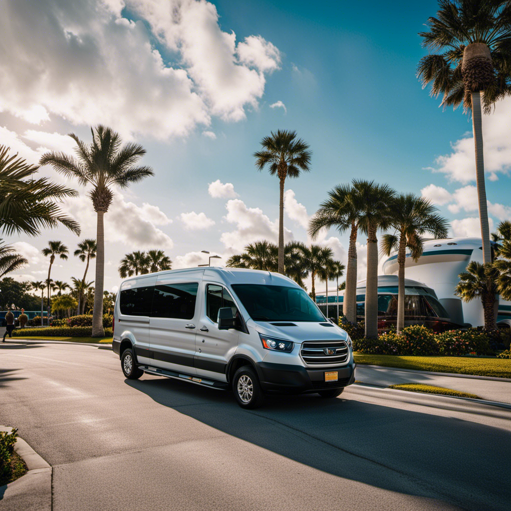 An image showcasing a luxurious shuttle van parked outside Orlando Airport, with vibrant palm trees in the background