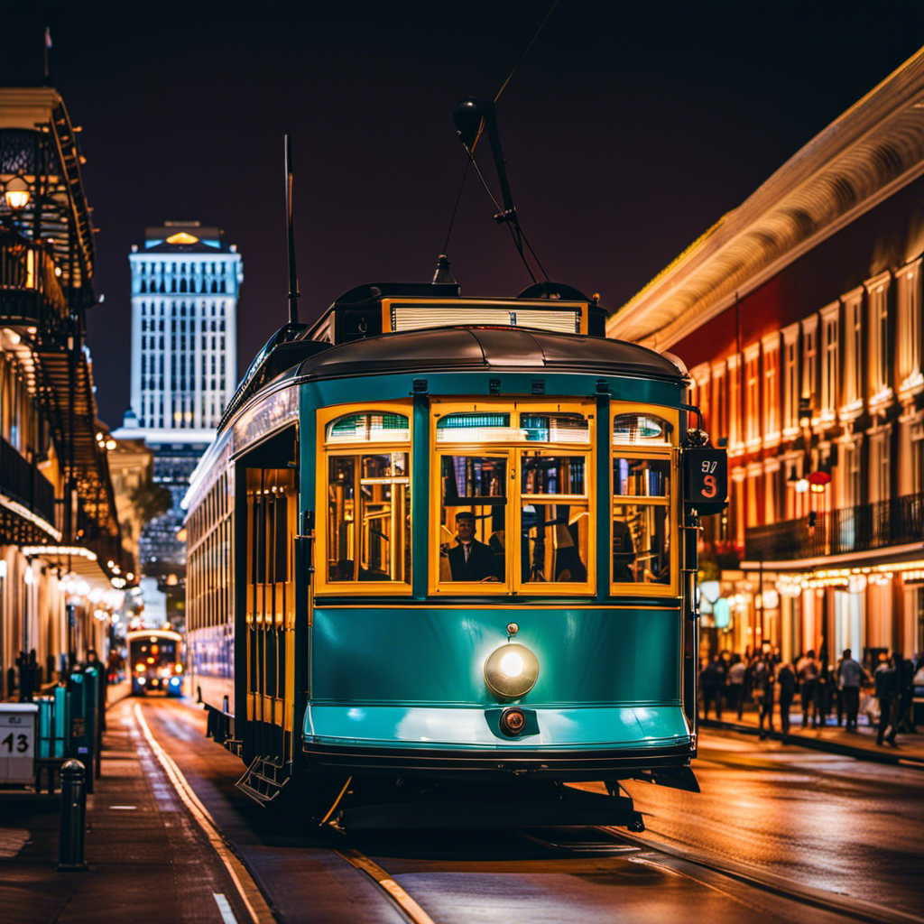 An image showcasing a bustling New Orleans street scene, with a variety of transportation options in vibrant colors