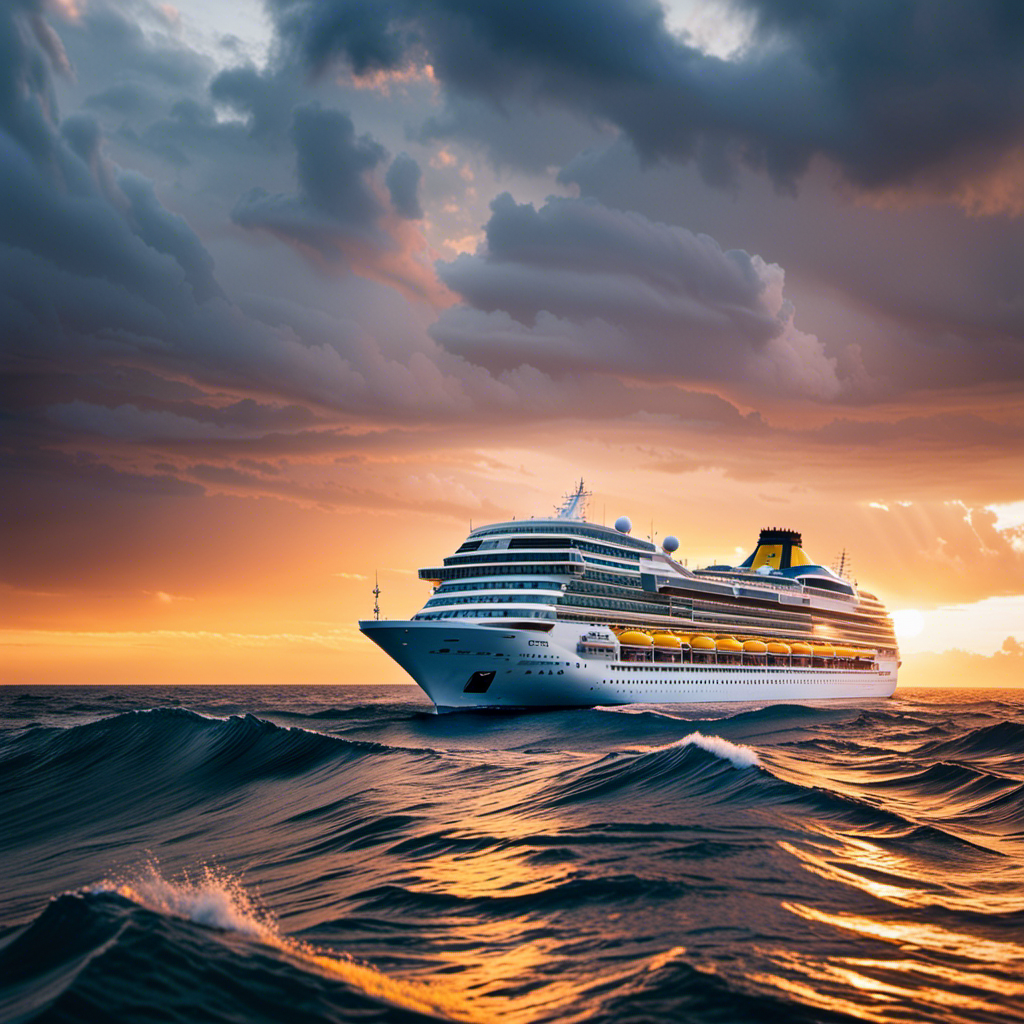 An image of a majestic Costa cruise ship sailing confidently through stormy waves, with a vibrant sunrise illuminating the sky, symbolizing Costa Cruises' resilience, strength, and triumph over challenges
