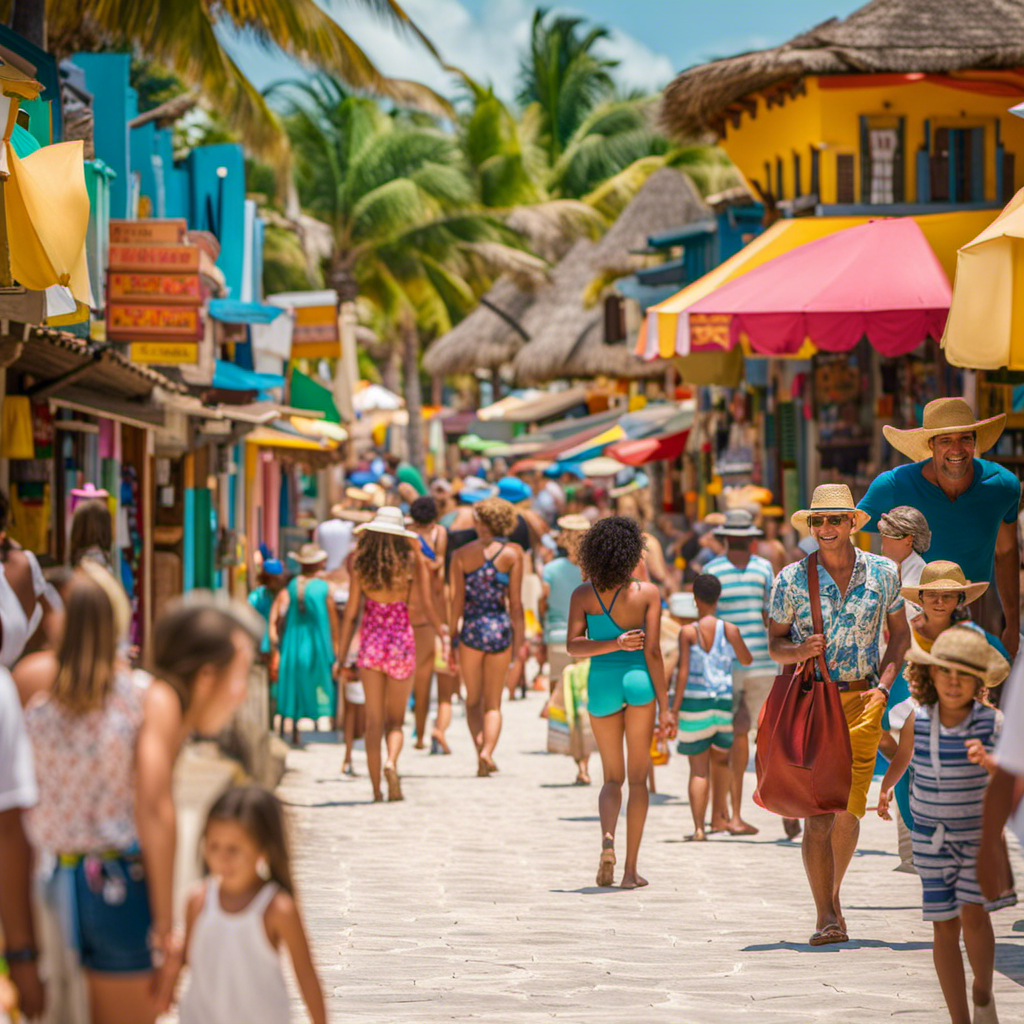 An image capturing the vibrant Costa Maya boardwalk, adorned with colorful storefronts and bustling with tourists