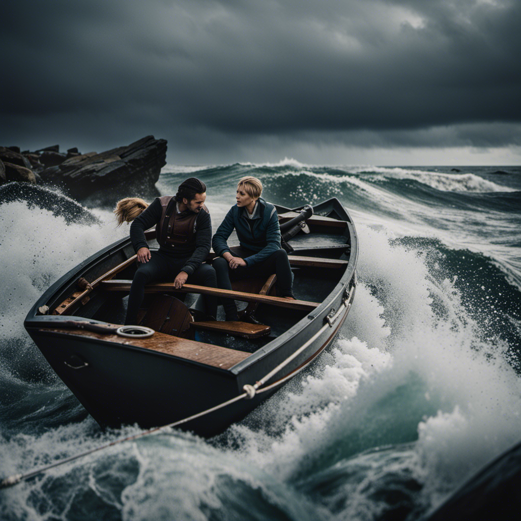 An image showcasing a couple on a rocky boat, battling turbulent waves and dark skies