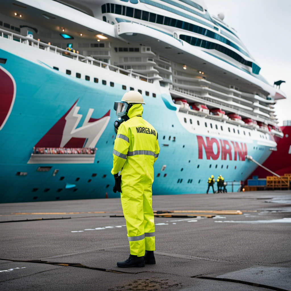 An image depicting the Norwegian Breakaway ship docked in a desolate port, surrounded by medical personnel in hazmat suits, with a sense of urgency and tension in the air