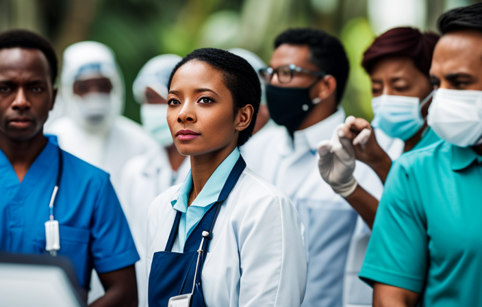 An image showcasing a person at a health care facility in the Dominican Republic, surrounded by medical professionals in protective gear, conducting a COVID-19 test