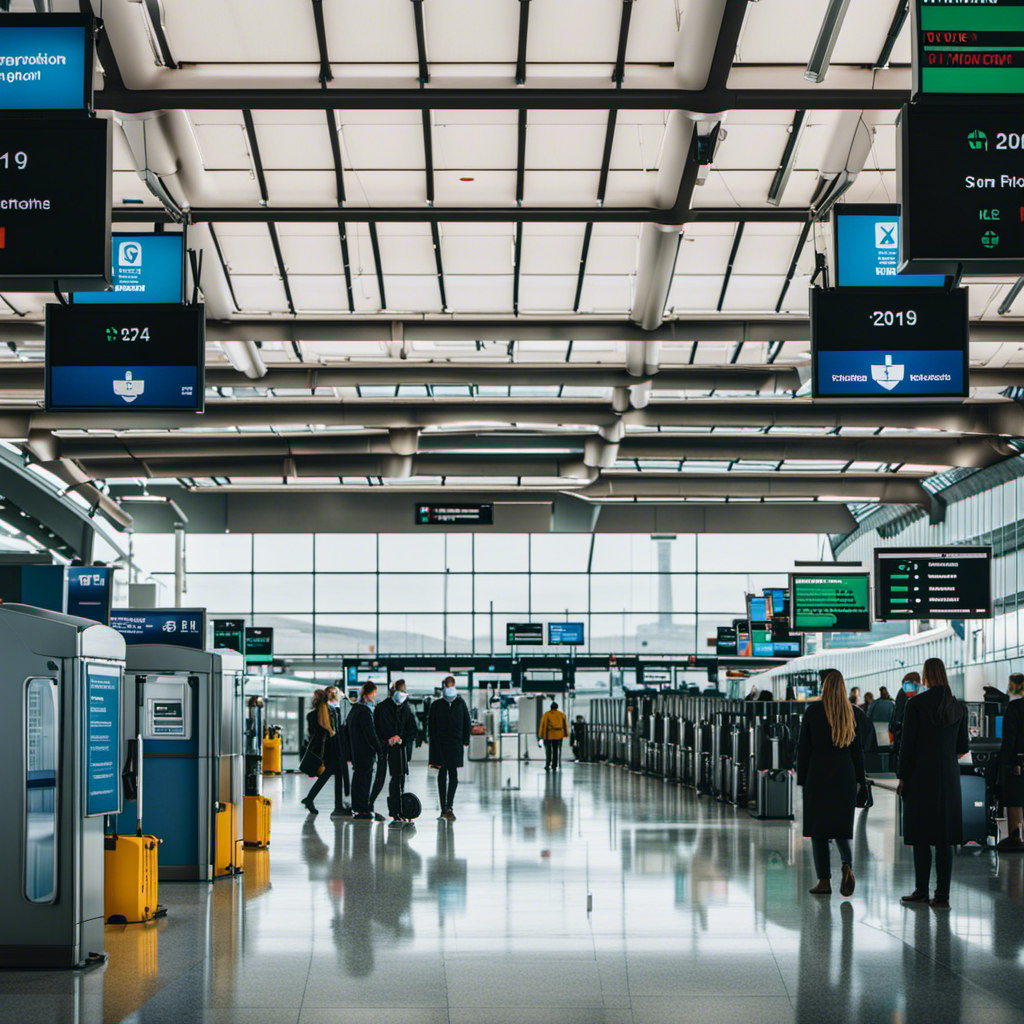 An image depicting an airport terminal in Ireland, with masked passengers standing in socially distanced lines, surrounded by sanitation stations and signs displaying COVID-19 travel restrictions and quarantine protocols