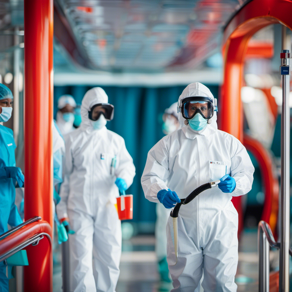 An image showcasing the Carnival Vista Cruise ship, surrounded by a curving virus symbol, as medical personnel in hazmat suits conduct testing on passengers