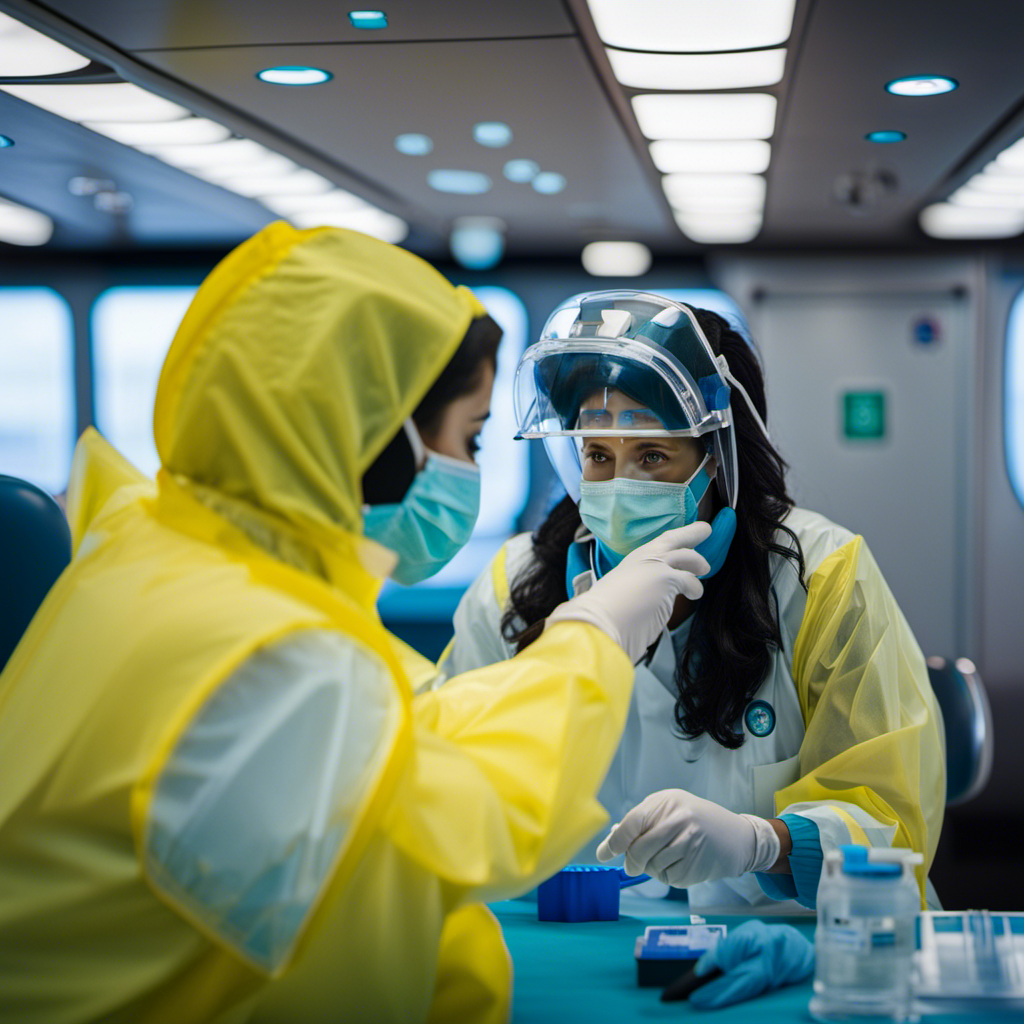 An image of a medical professional in full protective gear, conducting a COVID-19 test on a passenger aboard the Adventure of the Seas cruise ship