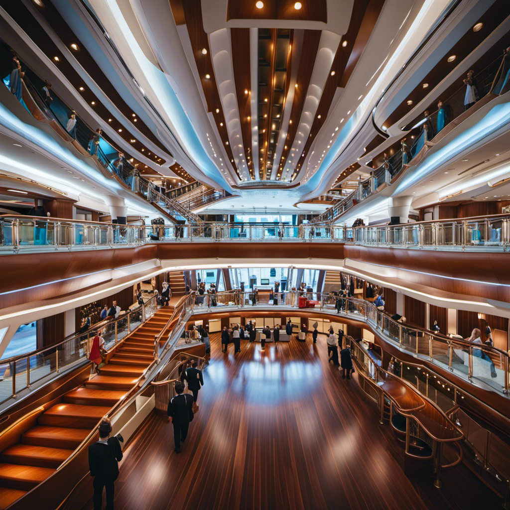 An image showcasing a spacious, well-ventilated cruise ship deck bustling with masked passengers maintaining social distance, while crew members diligently sanitize handrails, elevators, and public areas, ensuring a safe and hygienic environment