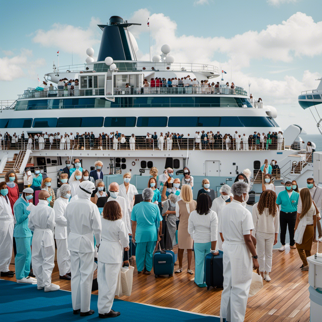 an image showing a diverse group of unvaccinated guests on a cruise ship, lining up for Covid tests