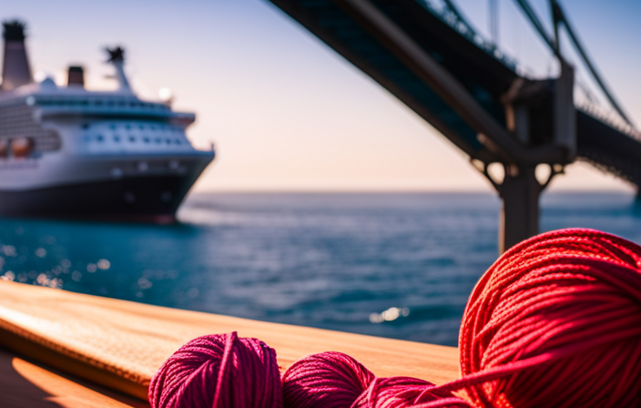 An image featuring a serene, sun-kissed deck of a luxurious cruise ship, adorned with vibrant yarn in various colors and textures