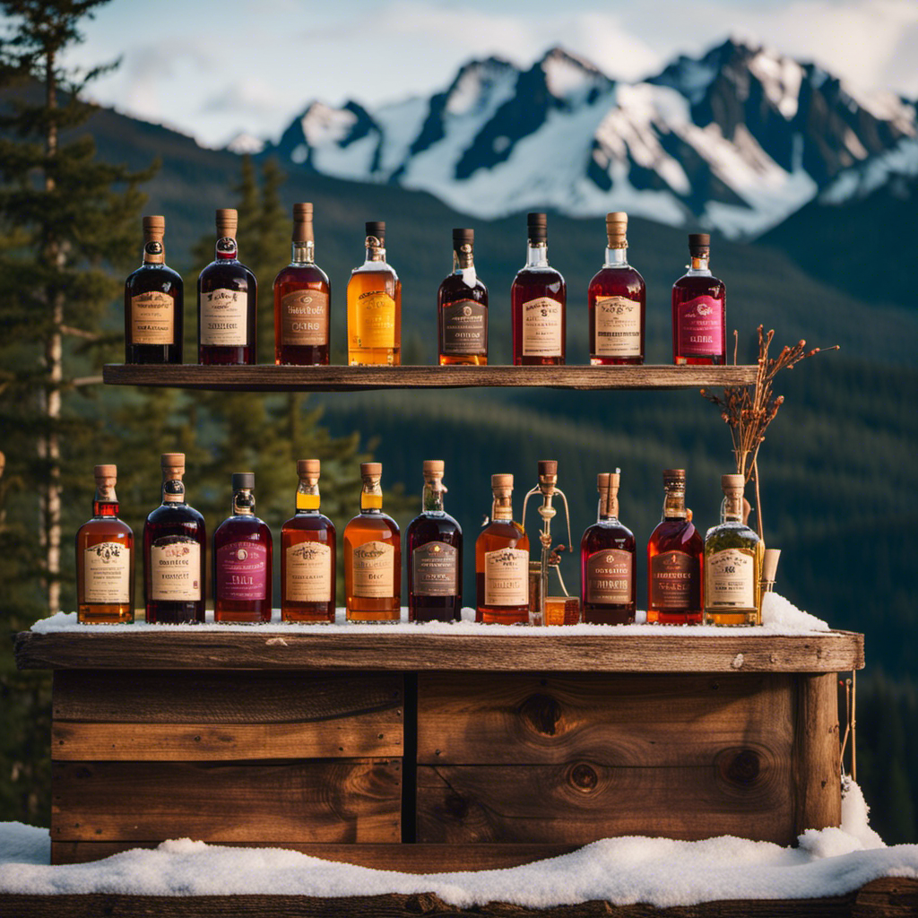 the essence of Alaska's craft distilleries: depict a rustic wooden bar with shelves lined with handcrafted bottles showcasing vibrant hues of birch sap, fireweed honey, and wild berries, surrounded by snowy mountain peaks in the background