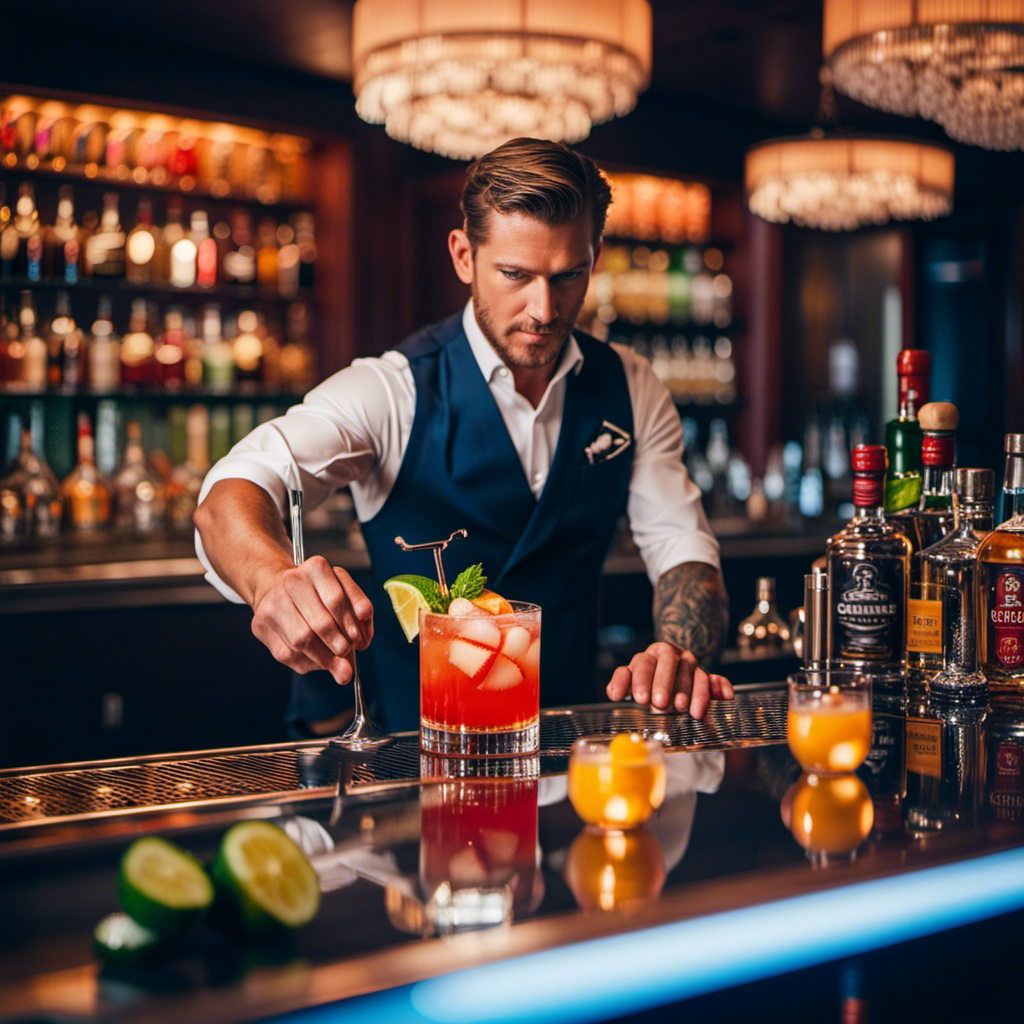 An image that captures the essence of a skilled Norwegian Cruise Line bartender triumphantly crafting a cocktail