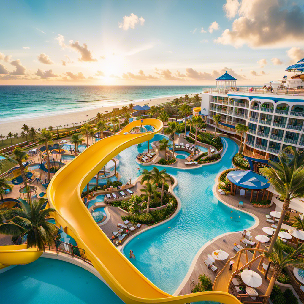 the bustling energy of Royal Caribbean's Surfside, showcasing the construction of thrilling water slides, vibrant beachfront villas, and a state-of-the-art wave pool