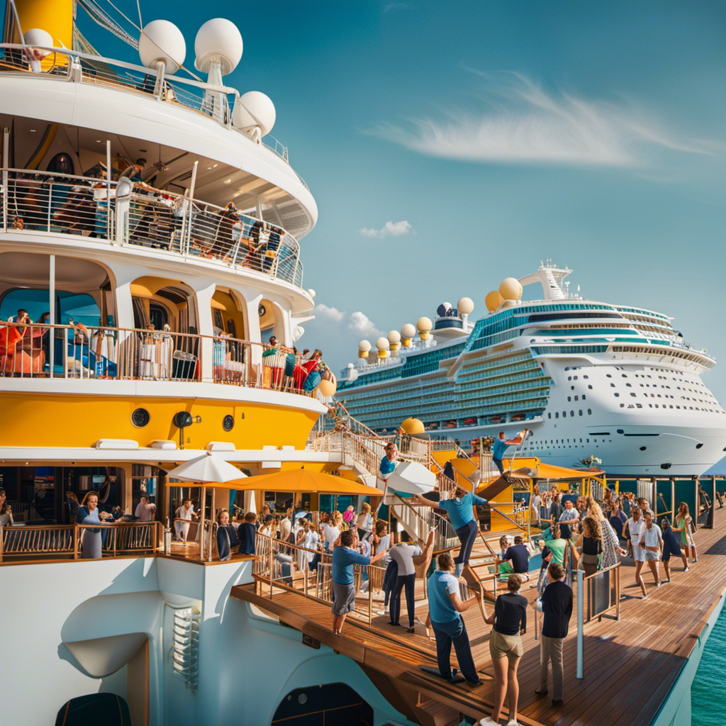 An image capturing the bustling energy of Royal Caribbean's crew meticulously crafting the perfect neighborhood on board, with vibrant colors, skilled hands, and a hive of activity that brings the ultimate vacation experience to life