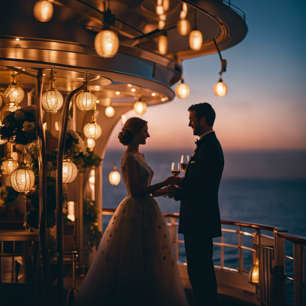 An image depicting a starry night on the ship's deck, with a couple holding hands under a softly lit lantern