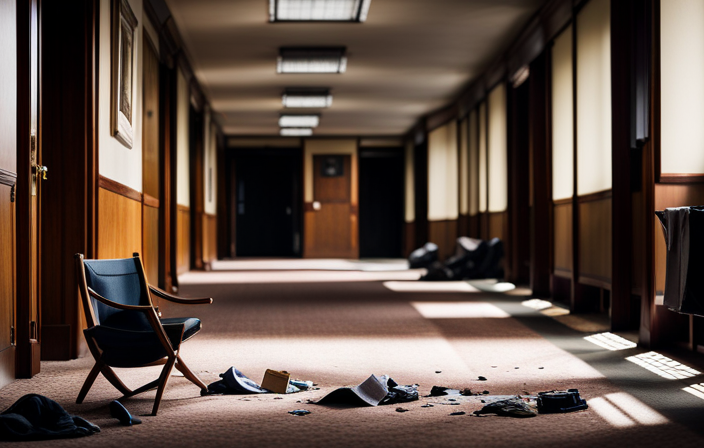 An image capturing the desolation and uncertainty at Jalesh Cruises: Show a dimly lit hallway with discarded uniforms strewn on the floor, an empty office with overturned chairs, and a bulletin board covered in faded legal notices