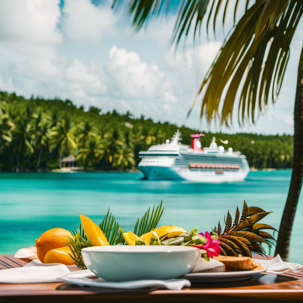 An image showcasing the vibrant turquoise waters of Belize, with a luxurious cruise ship docked in the background