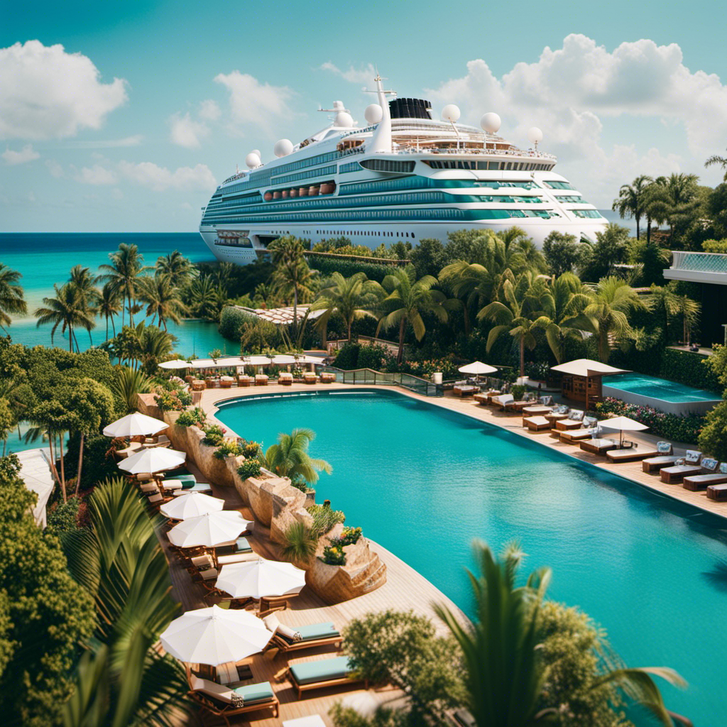 An image capturing the vibrant ambiance of a luxurious cruise ship: sun-drenched pool decks adorned with sparkling turquoise pools, serene spa treatments amidst lush greenery, exquisite dining options overlooking the open sea, and adventurous excursions in exotic destinations