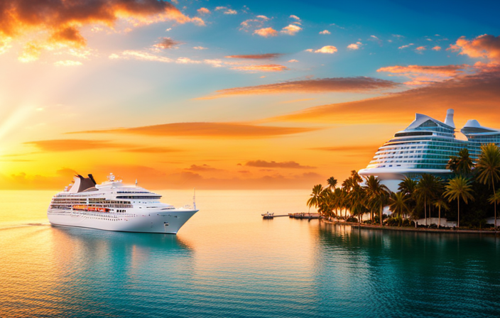 An image showcasing the ultimate Cruise and Travel Awards: An opulent cruise ship gliding through crystal-clear turquoise waters, surrounded by lush tropical islands, with vibrant sunsets painting the sky