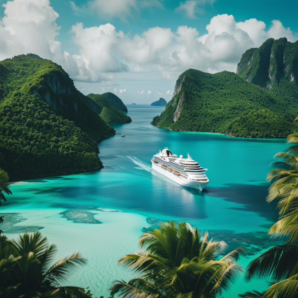 An image showcasing a majestic cruise ship sailing through crystal-clear turquoise waters, surrounded by lush green islands with vibrant tropical foliage