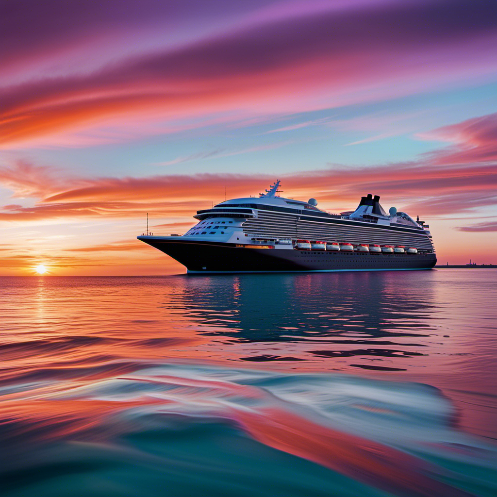 An image showcasing a serene sunset cruise; a luxurious ship gliding through calm turquoise waters, surrounded by vibrant orange and purple hues