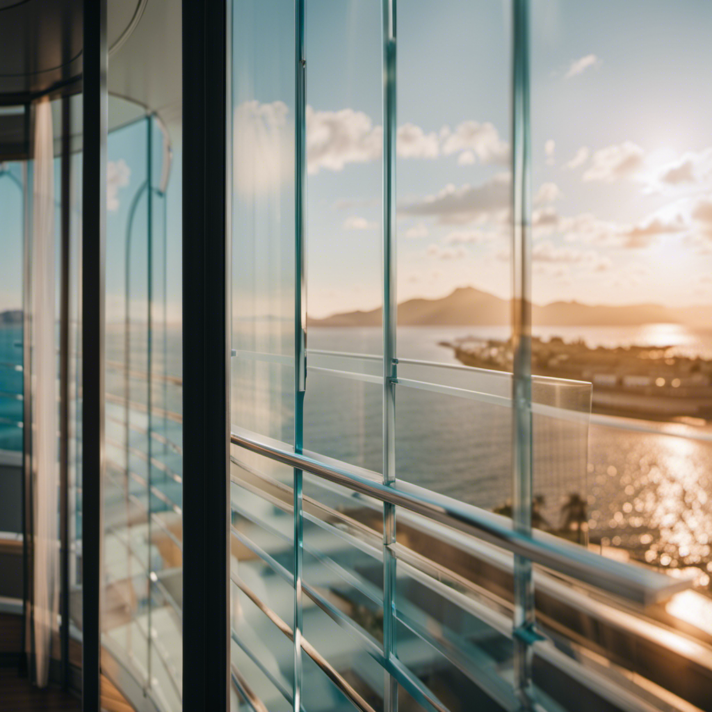 An image showcasing a serene cruise balcony scene with a transparent glass partition