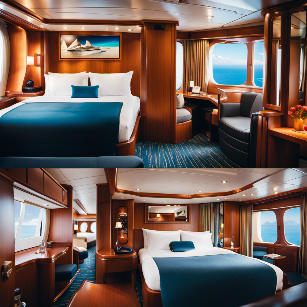 An image showcasing the diversity of cruise cabin types: from luxurious suites with private balconies, to cozy interior cabins with bunk beds