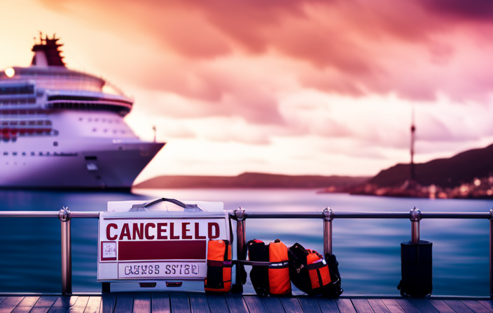 An image depicting a deserted cruise ship docked in a stormy port, with life jackets scattered on the deck and a signboard reading "Cancelled" hanging from the gangway