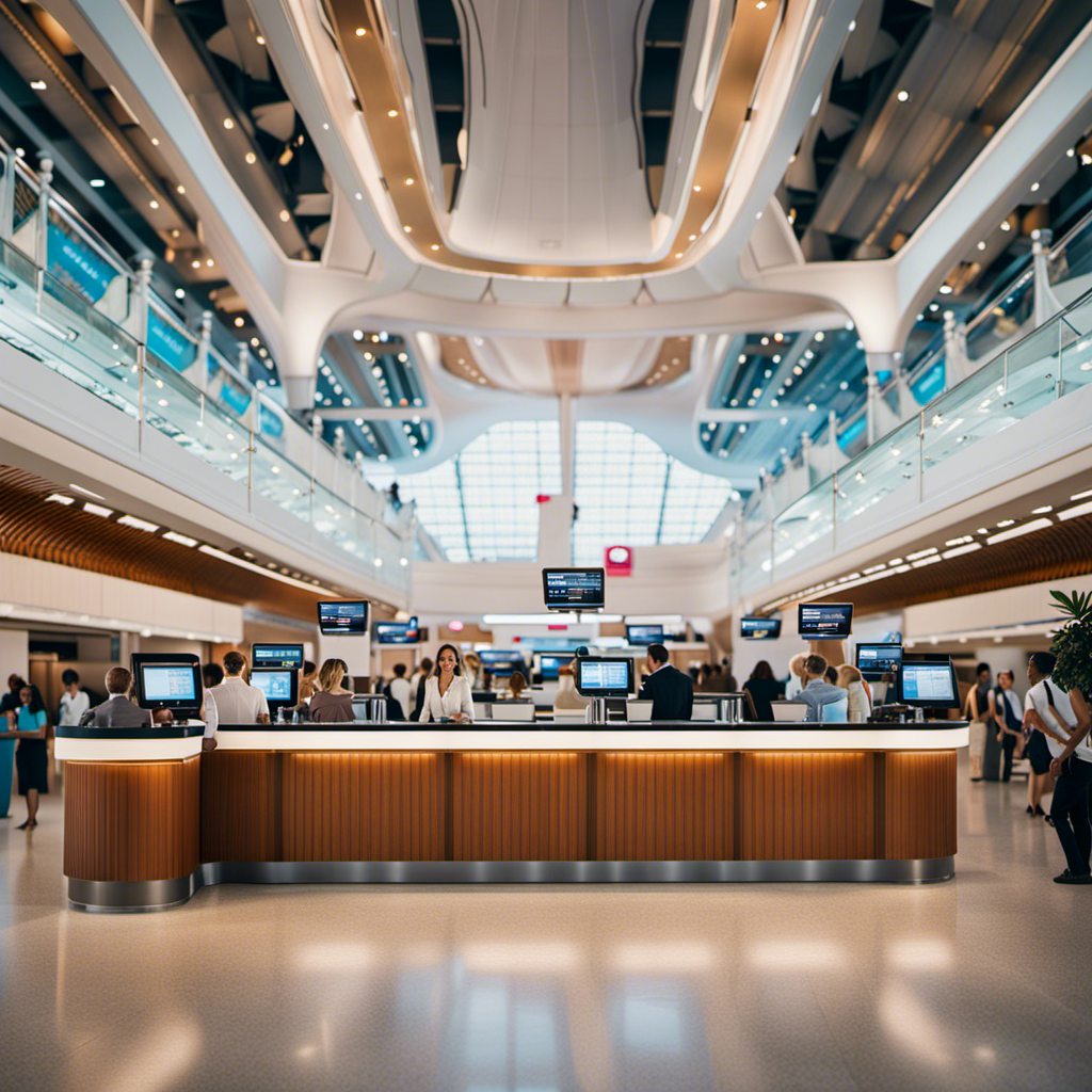 An image showcasing a well-organized cruise check-in process: a brightly lit cruise terminal with passengers seamlessly presenting passports and tickets, while staff efficiently process documentation, ensuring a hassle-free embarkation experience