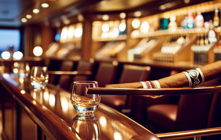 An image showcasing a luxurious cruise cigar bar, adorned with plush leather chairs, dimmed lighting, and a wide variety of premium cigars displayed in elegant glass cabinets, enticing enthusiasts to indulge in a social haven at sea