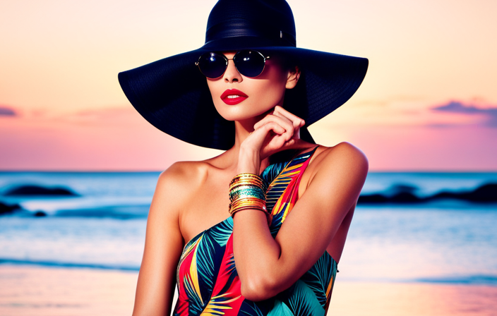An image showcasing a chic, vibrant cruise collection wardrobe: a wrinkle-free maxi dress in a tropical print, accessorized with a wide-brimmed hat, oversized sunglasses, and a straw tote bag