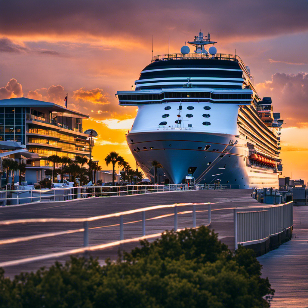 An image showcasing a vibrant sunset over Port Canaveral's bustling cruise ship terminal, as optimistic CEO, John Murray, envisions a mid-to-late summer comeback for the cruise industry